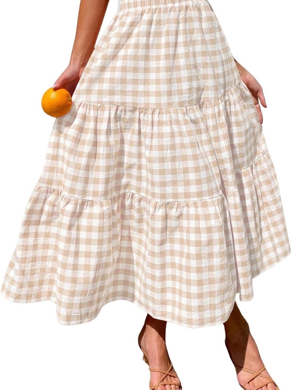 Amazon Essentials Beige Gingham Tiered Maxi Skirt